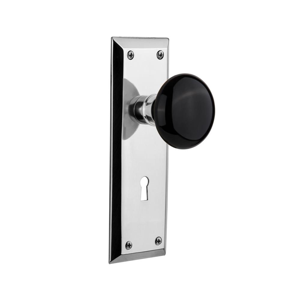Nostalgic Warehouse NYKBLK Mortise New York Plate with Black Porcelain Knob with Keyhole in Bright Chrome